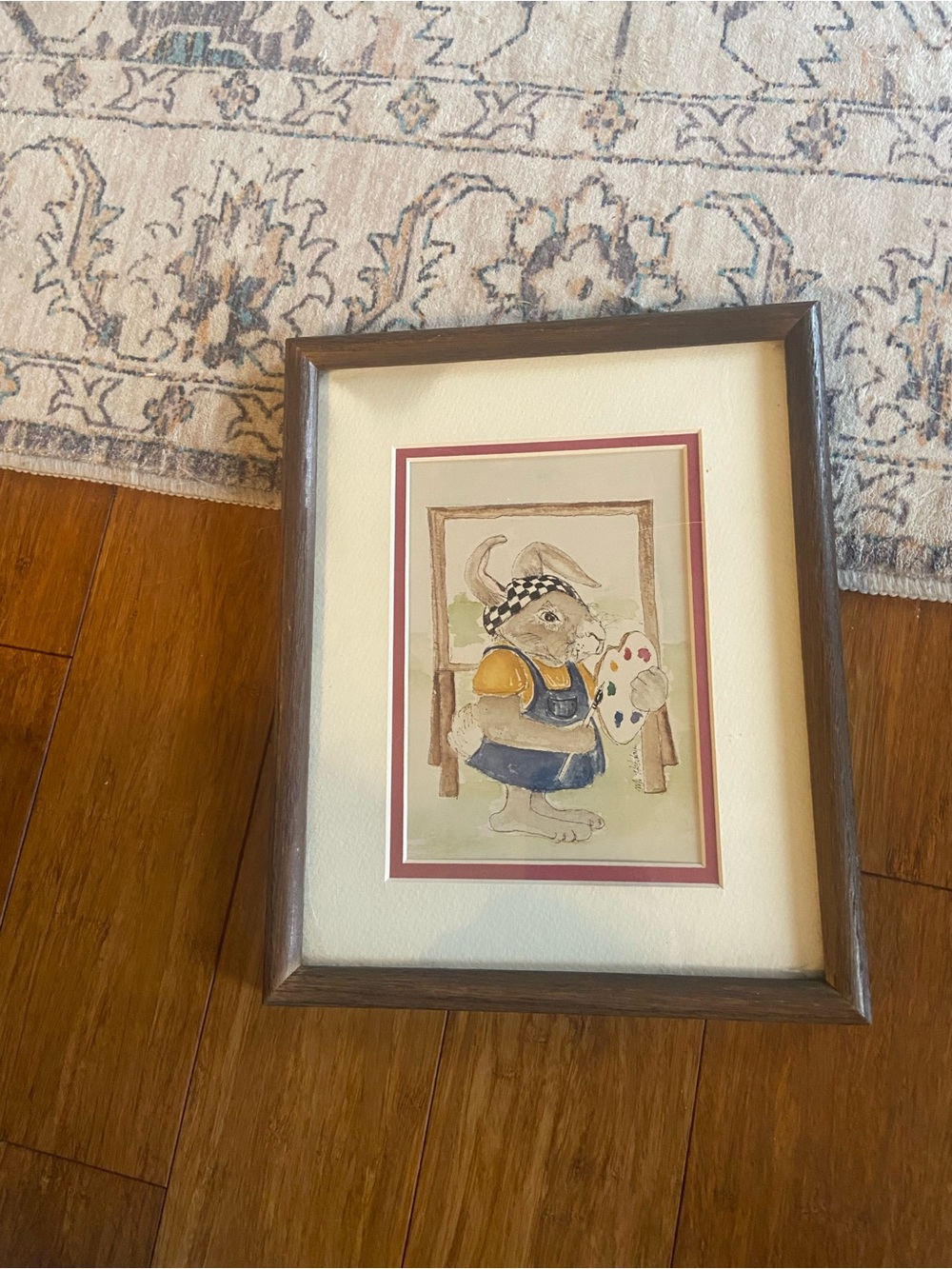 Whimsical Bunny Artist Watercolor Print in Double Mat 11” x 7”